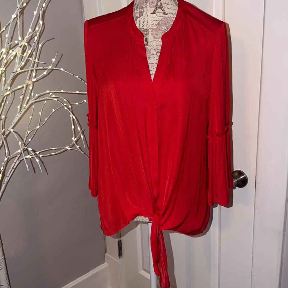 Alfani Red Asymmetrical Blouse with Mandarin Collar